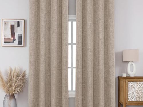 CUCRAF 100% Blackout Window Curtains 84 inches Long 2 Panels Set, Faux Linen Look Thermal Insulated Grommet Drapes, Room Darkening Curtain for Bedroom Living Room(W52 x L84 Inch, Light Khaki)